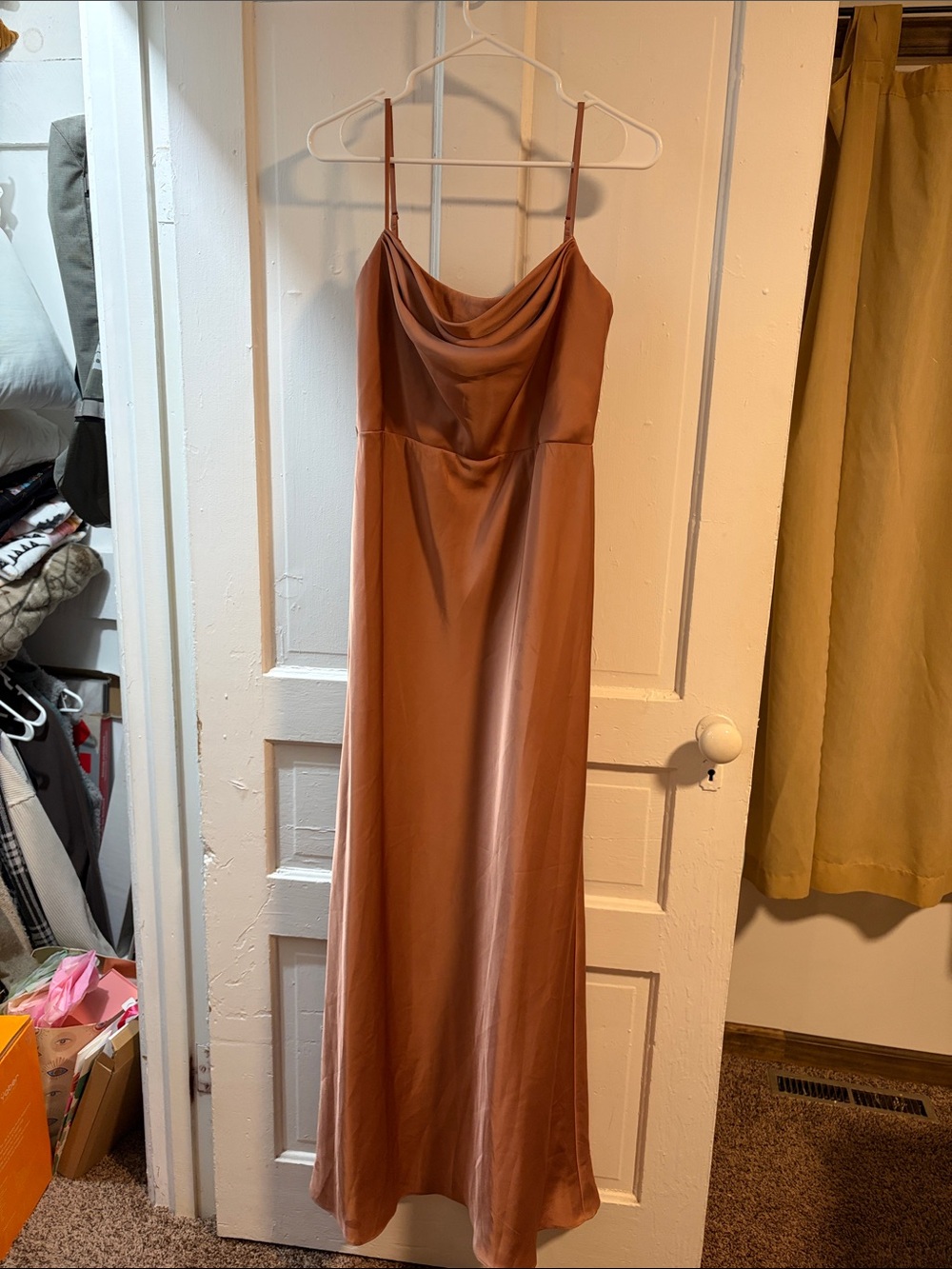 Azazie Satin Cowl-Neck Slip Dress in Bronzer Size A10